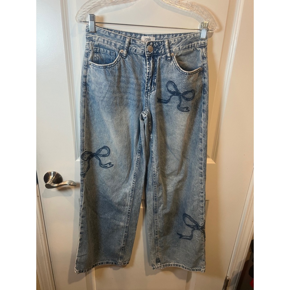 Simple Society Womens Wide Leg Jeans Embroidered Bows Light Blue Wash Size 1/25